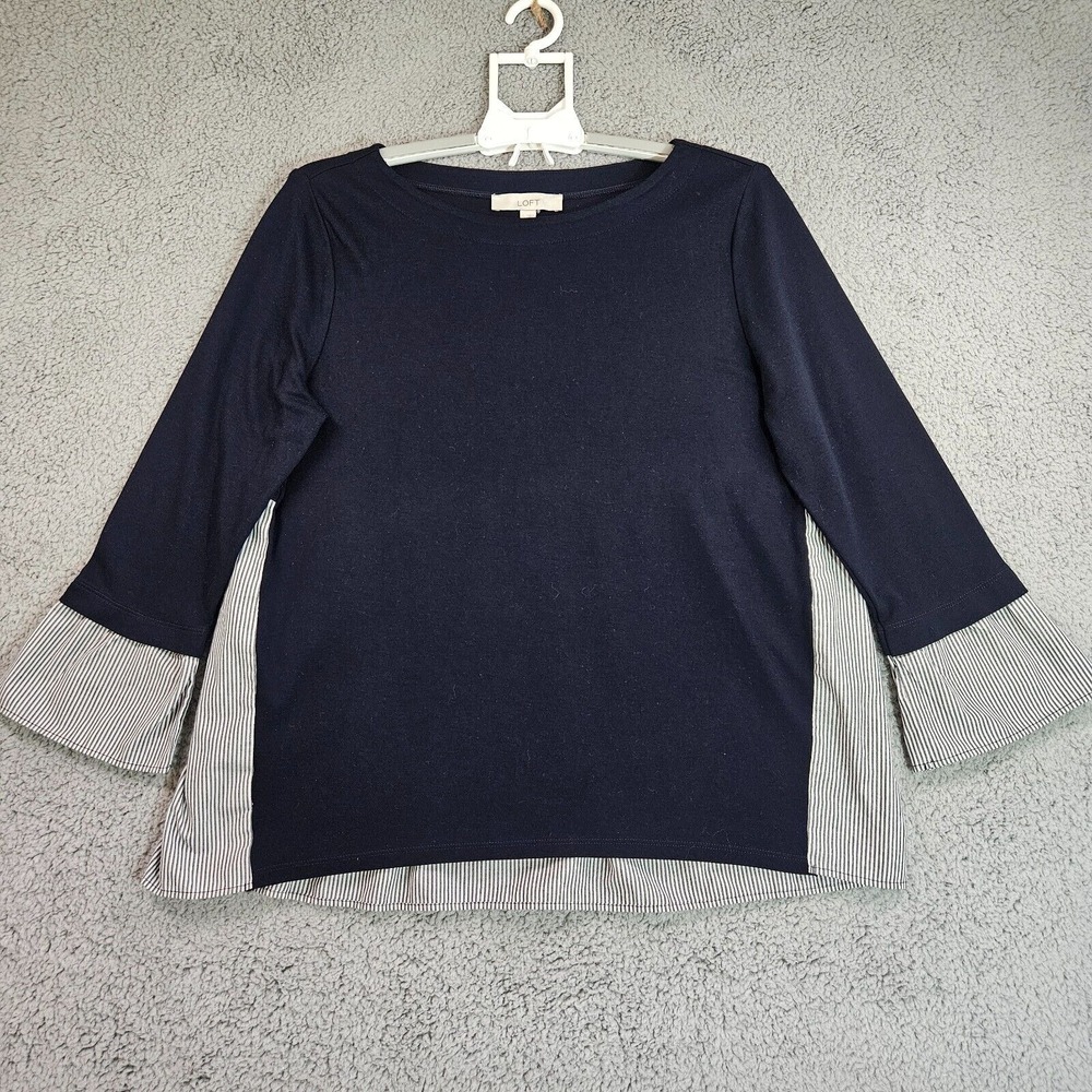 Loft Top Blouse Womens Large w Side & Cuff & Back Trim Black -‎ L